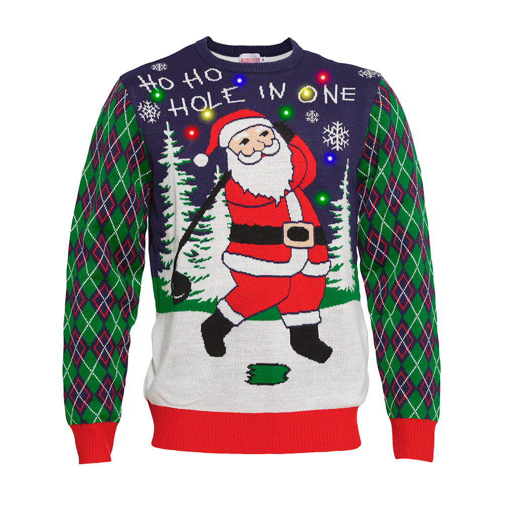 Un pull de Noël avec un Père Noël jouant au golf.